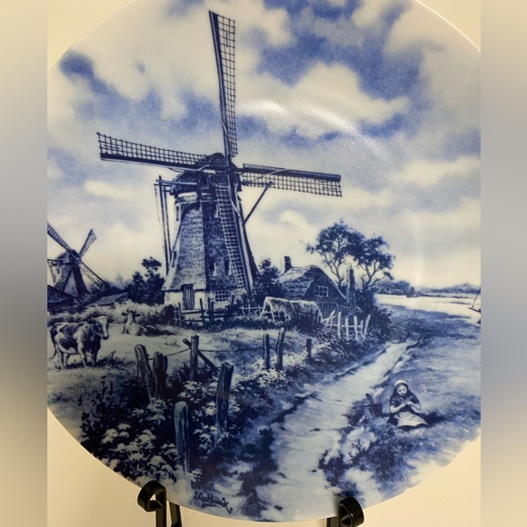 EUC Vintage Delft Hand Painted Windmill Farm Decorative Plate Blue White Dish - Picture 4 of 7